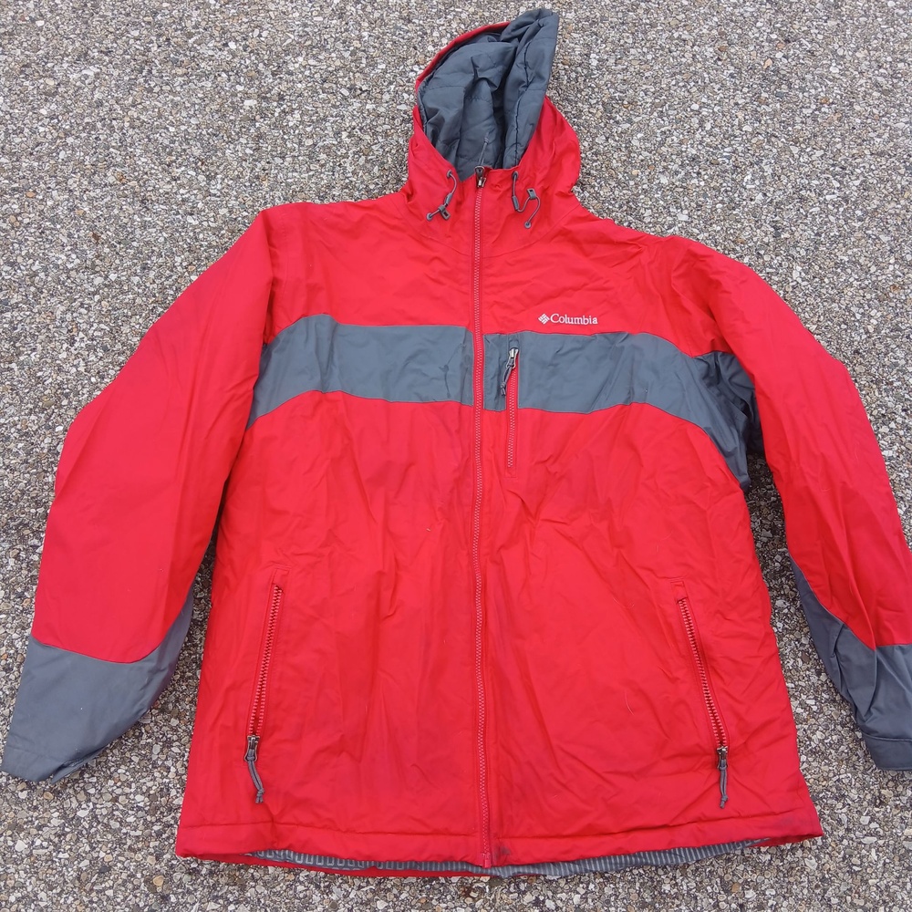 Columbia Jacket Mens XL Red Gray Hooded Thermal Coil Insulated Ski Parka Winter
